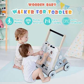 Baby Push Walker, Toddler Wooden Multi-Activity Baby Walker, Grey Push and Pull Toy, Kids Learning Walker, Gift for Boys and Girls 1-3 Years Old