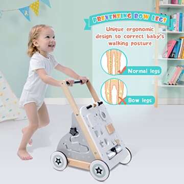 Baby Push Walker, Toddler Wooden Multi-Activity Baby Walker, Grey Push and Pull Toy, Kids Learning Walker, Gift for Boys and Girls 1-3 Years Old