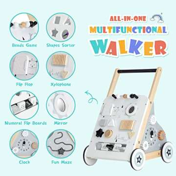 Baby Push Walker, Toddler Wooden Multi-Activity Baby Walker, Grey Push and Pull Toy, Kids Learning Walker, Gift for Boys and Girls 1-3 Years Old