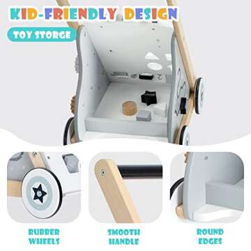 Baby Push Walker, Toddler Wooden Multi-Activity Baby Walker, Grey Push and Pull Toy, Kids Learning Walker, Gift for Boys and Girls 1-3 Years Old