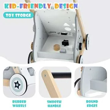 Baby Push Walker, Toddler Wooden Multi-Activity Baby Walker, Grey Push and Pull Toy, Kids Learning Walker, Gift for Boys and Girls 1-3 Years Old