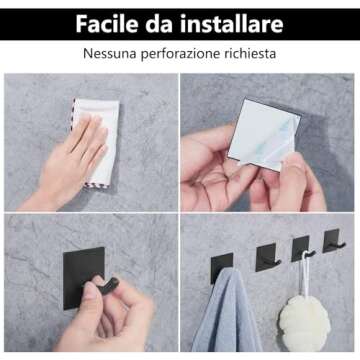 FOMANSH Heavy Duty Adhesive Hooks, Stick on Wall Adhesive Hangers, Strong Stainless Steel Holder, Self Adhesive Hooks for Kitchen Bathroom Home Door Towel Coat Key Robe 4 Packs Black