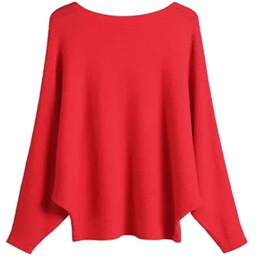 Ckikiou Womens Lightweight Oversized Boat Neck Sweaters Tops Dolman Batwing Sleeve Ribbed Knitted Pu...