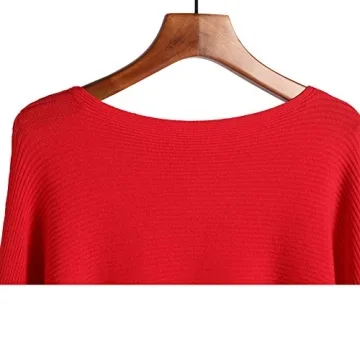 Ckikiou Womens Lightweight Oversized Boat Neck Sweaters Tops Dolman Batwing Sleeve Ribbed Knitted Pullovers Bright Red