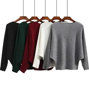 Ckikiou Womens Lightweight Oversized Boat Neck Sweaters Tops Dolman Batwing Sleeve Ribbed Knitted Pullovers Bright Red