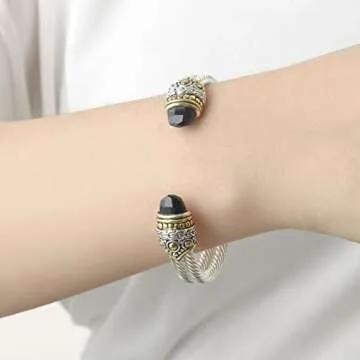 UNY Designer Inspired Jewelry Double Cable Wire Facet CZ Antique Bangle Elegant Beautiful (Black)