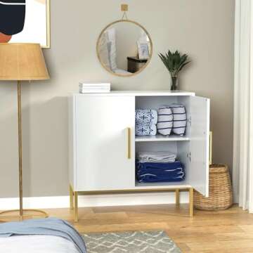 JOZZBY Buffet Sideboard Cabinet with Storage, Modern Wooden Free Standing Cabinet with Adjustable Shelves, White and Gold Cabinets for Living Room, Kitchen, Hallway