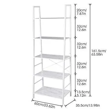 JEROAL 5 Tier Ladder Shelf, Wooden Leaning Bookshelf, Storage Display Shelves, Open Bookcase with Metal Frame, Perfect for Home Office, or Bedroom, Marble White