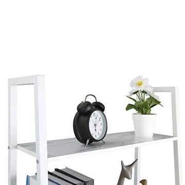 JEROAL 5 Tier Ladder Shelf, Wooden Leaning Bookshelf, Storage Display Shelves, Open Bookcase with Metal Frame, Perfect for Home Office, or Bedroom, Marble White