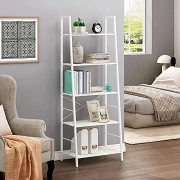 JEROAL 5 Tier Ladder Shelf, Wooden Leaning Bookshelf, Storage Display Shelves, Open Bookcase with Metal Frame, Perfect for Home Office, or Bedroom, Marble White