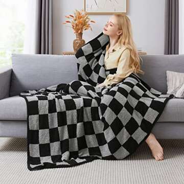 WRENSONGE Checkered Throw Blanket, Black Grey Checkered Microfiber Soft Cozy Fluffy Warm Hand Made W...
