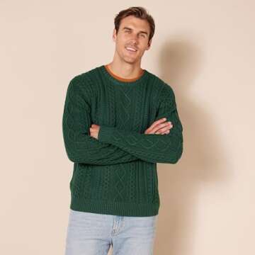 Amazon Essentials Men's Long-Sleeve 100% Cotton Fisherman Cable Crewneck Sweater, Dark Green, Large
