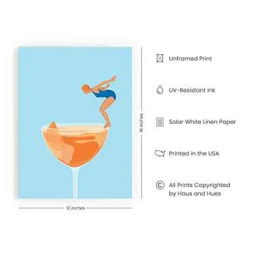 HAUS AND HUES Preppy Pictures Bar Art - Colorful Cocktail Prints, Bar Cart Accessories, Minimalist Blue and Orange Picture for Room Aesthetic, Bar Wall Decor, Vintage Aperol Spritz (12x16 Unframed)