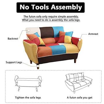Convertible Futon Sofa Bed with 2 Pillows, Loveseat Sleeper Sofa Futon Couch, Recliner Couch with Adjustable Armrest and Wood Legs, Living Room Sofa with 3-Angle Backrest for Small Space (Colorful)