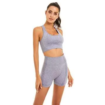 Toplook Women Seamless Yoga Workout Set 2 Piece Outfits Gym Shorts Sports Bra (Gray-Blue, Small)