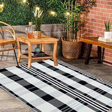 CAINANEL Buffalo Plaid Outdoor Rug Black and White Check Rug 35.4'' x 59'' Cotton Hand-Woven Checkered Front Welcome Door Mat Indoor/Outdoor Area Rug for Front Porch,Kitchen,Entry Way,Living Room