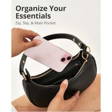 Half Moon Clutch Bag for Women - Faux Leather Crescent Bag with Anti Theft RFID Protection & Adjustable Shoulder Strap - Luna Bag with Gold Zippers & Anti Pickpocket Clip - Everyday Moon Shaped Purse