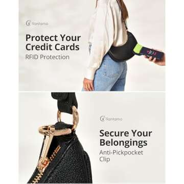 Half Moon Clutch Bag for Women - Faux Leather Crescent Bag with Anti Theft RFID Protection & Adjustable Shoulder Strap - Luna Bag with Gold Zippers & Anti Pickpocket Clip - Everyday Moon Shaped Purse