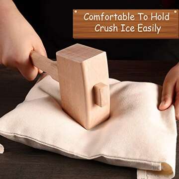 Professional Lewis Bag and Ice Mallet, Reusable Cotton Crushed Ice Bag with Wooden Mallet Bar Kitchen Accessory Kit for Crushes Ice Dried Ice