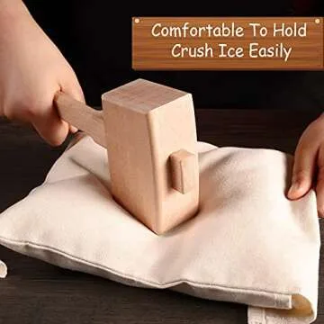 Professional Lewis Bag and Ice Mallet, Reusable Cotton Crushed Ice Bag with Wooden Mallet Bar Kitchen Accessory Kit for Crushes Ice Dried Ice