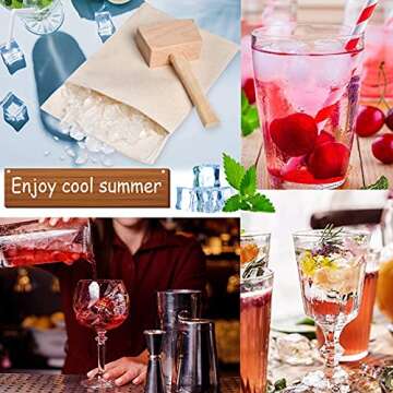 Professional Lewis Bag and Ice Mallet, Reusable Cotton Crushed Ice Bag with Wooden Mallet Bar Kitchen Accessory Kit for Crushes Ice Dried Ice