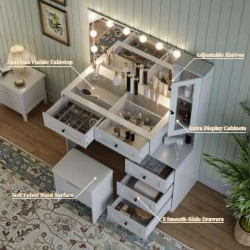 Diwnnue Farmhouse Mirror Large Vanity Desk with LED Bulbs, Makeup Vanity Table Set with Glass Tablet...