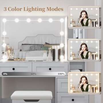 Diwnnue Farmhouse Mirror Large Vanity Desk with LED Bulbs, Makeup Vanity Table Set with Glass Tabletop, Charging Station & Power Outlet, Adjustable Lighting Modes, Bedroom, White