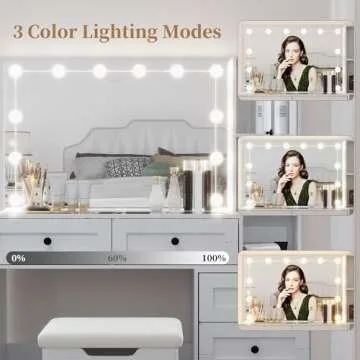 Diwnnue Farmhouse Mirror Large Vanity Desk with LED Bulbs, Makeup Vanity Table Set with Glass Tabletop, Charging Station & Power Outlet, Adjustable Lighting Modes, Bedroom, White