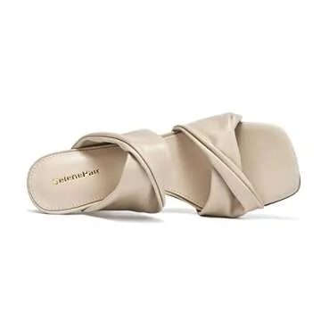 SelenePair Women's Square Open Toe High Heeled Sandals Fashion Stiletto Heel Pumps Backless Peep Toe Slip-on Dress Shoes(Nude PU, Numeric_8)