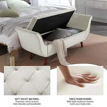 Hdxdkog End of Bed Storage Bench for Bedroom, 65" King Size Velvet Storage Bench with 2 Pillows, Upholstered Rolled Armed Button Tufted Sofa Ottoman Bench, Long Narrow Bench for Entryway (Begie)