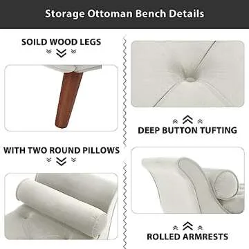 Hdxdkog End of Bed Storage Bench for Bedroom, 65" King Size Velvet Storage Bench with 2 Pillows, Upholstered Rolled Armed Button Tufted Sofa Ottoman Bench, Long Narrow Bench for Entryway (Begie)