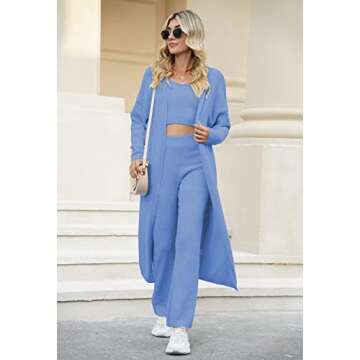 Women Sherpa 3 Piece Fuzzy Outfits Crop Tank Top High Waist Wide Pants Cover Up Fleece Lounge Sets Blue S