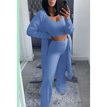 Women Sherpa 3 Piece Fuzzy Outfits Crop Tank Top High Waist Wide Pants Cover Up Fleece Lounge Sets Blue S
