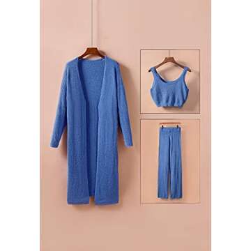Women Sherpa 3 Piece Fuzzy Outfits Crop Tank Top High Waist Wide Pants Cover Up Fleece Lounge Sets Blue S