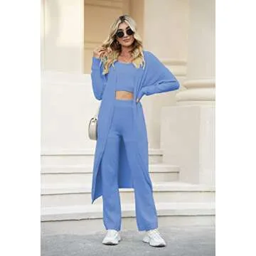 Women Sherpa 3 Piece Fuzzy Outfits Crop Tank Top High Waist Wide Pants Cover Up Fleece Lounge Sets Blue S