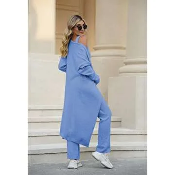 Women Sherpa 3 Piece Fuzzy Outfits Crop Tank Top High Waist Wide Pants Cover Up Fleece Lounge Sets Blue S