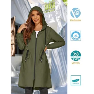 ELESOL Rain Jacket Women Waterproof Long Raincoat Ladies Lightweight Rain Coat with Hood Travel Summer Breathable Rain Jackets Army Green