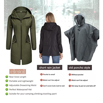 ELESOL Rain Jacket Women Waterproof Long Raincoat Ladies Lightweight Rain Coat with Hood Travel Summer Breathable Rain Jackets Army Green