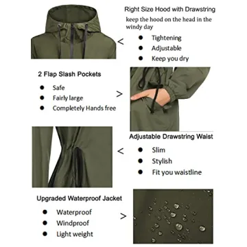 ELESOL Rain Jacket Women Waterproof Long Raincoat Ladies Lightweight Rain Coat with Hood Travel Summer Breathable Rain Jackets Army Green