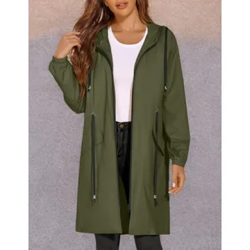 ELESOL Rain Jacket Women Waterproof Long Raincoat Ladies Lightweight Rain Coat with Hood Travel Summer Breathable Rain Jackets Army Green