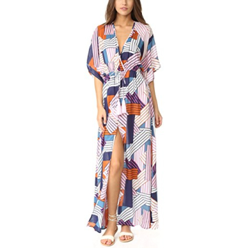 Bsubseach Short Sleeve Geometric Kaftan Dresses for Women Loose V Neck Side Split Beach Robe Swimwear Cover Ups
