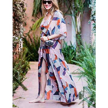 Bsubseach Short Sleeve Geometric Kaftan Dresses for Women Loose V Neck Side Split Beach Robe Swimwear Cover Ups