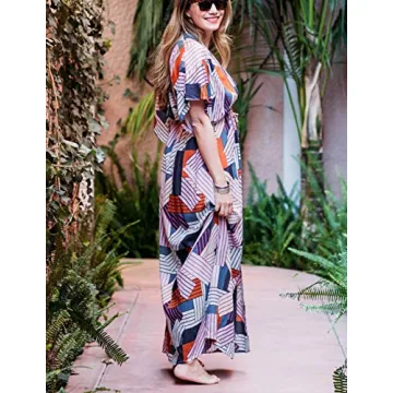 Bsubseach Short Sleeve Geometric Kaftan Dresses for Women Loose V Neck Side Split Beach Robe Swimwear Cover Ups