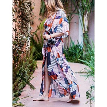 Bsubseach Short Sleeve Geometric Kaftan Dresses for Women Loose V Neck Side Split Beach Robe Swimwear Cover Ups