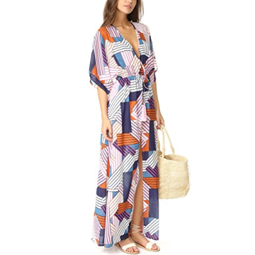 Bsubseach Short Sleeve Geometric Kaftan Dresses for Women Loose V Neck Side Split Beach Robe Swimwear Cover Ups