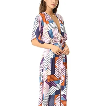 Bsubseach Short Sleeve Geometric Kaftan Dresses for Women Loose V Neck Side Split Beach Robe Swimwear Cover Ups