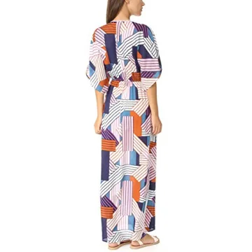 Bsubseach Short Sleeve Geometric Kaftan Dresses for Women Loose V Neck Side Split Beach Robe Swimwear Cover Ups