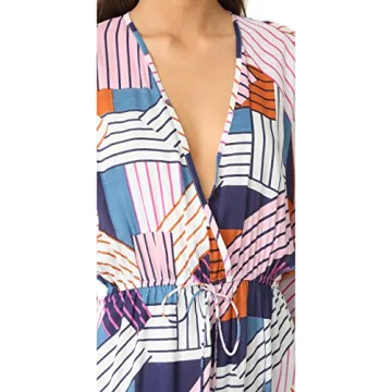 Bsubseach Short Sleeve Geometric Kaftan Dresses for Women Loose V Neck Side Split Beach Robe Swimwear Cover Ups