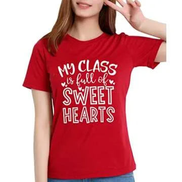 Valentine Teacher T-Shirts Women My Class is Full of Sweethearts Shirt Casual Loose Short Sleeve Tees Tops (Red, Medium)