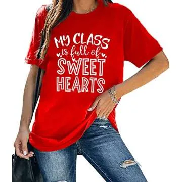 Valentine Teacher T-Shirts Women My Class is Full of Sweethearts Shirt Casual Loose Short Sleeve Tees Tops (Red, Medium)